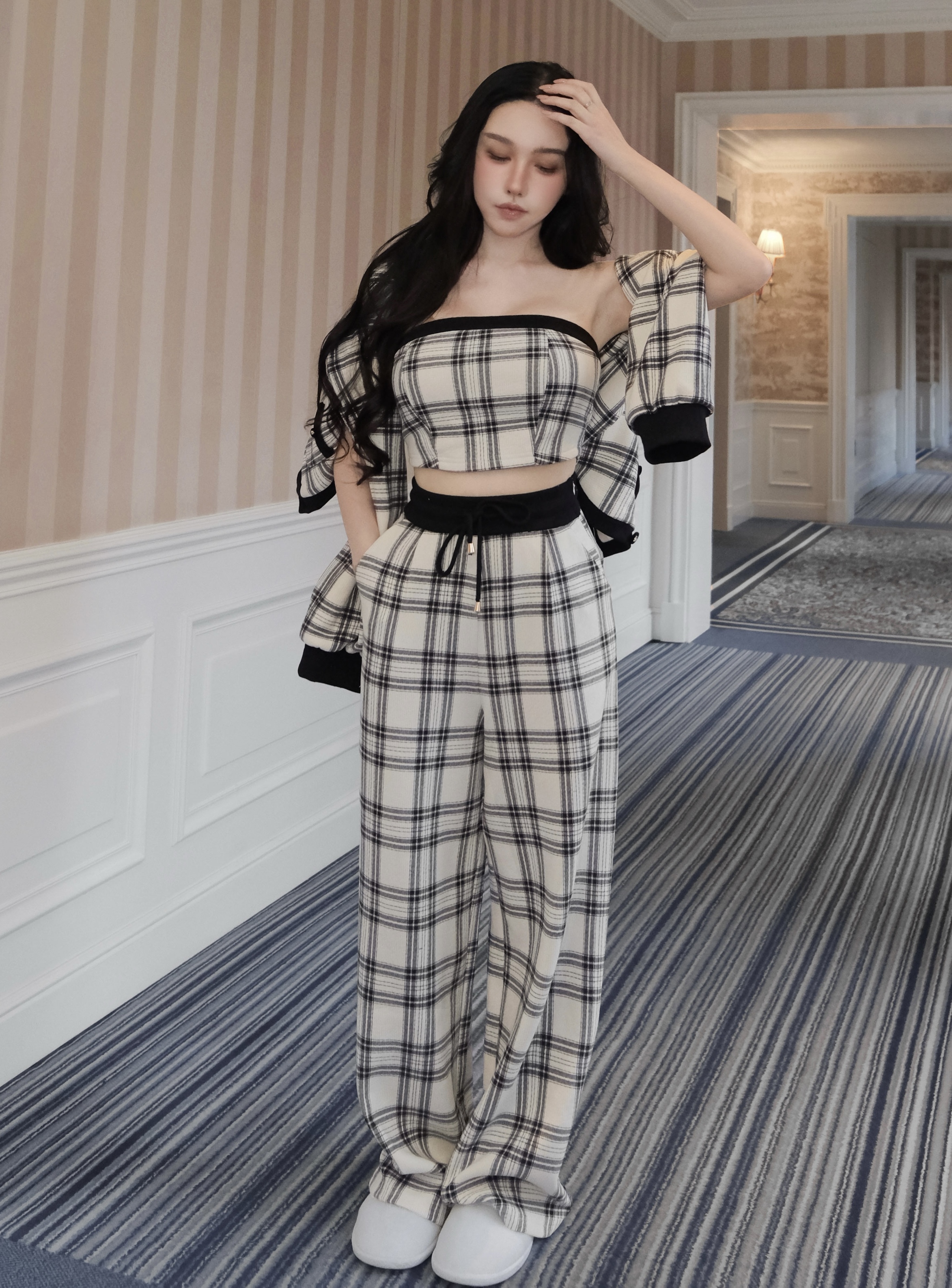 訂製-慵懶格紋撞色長褲