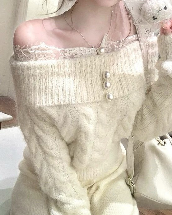 設計師家大翻領拼接蕾絲麻花針織一字領上衣