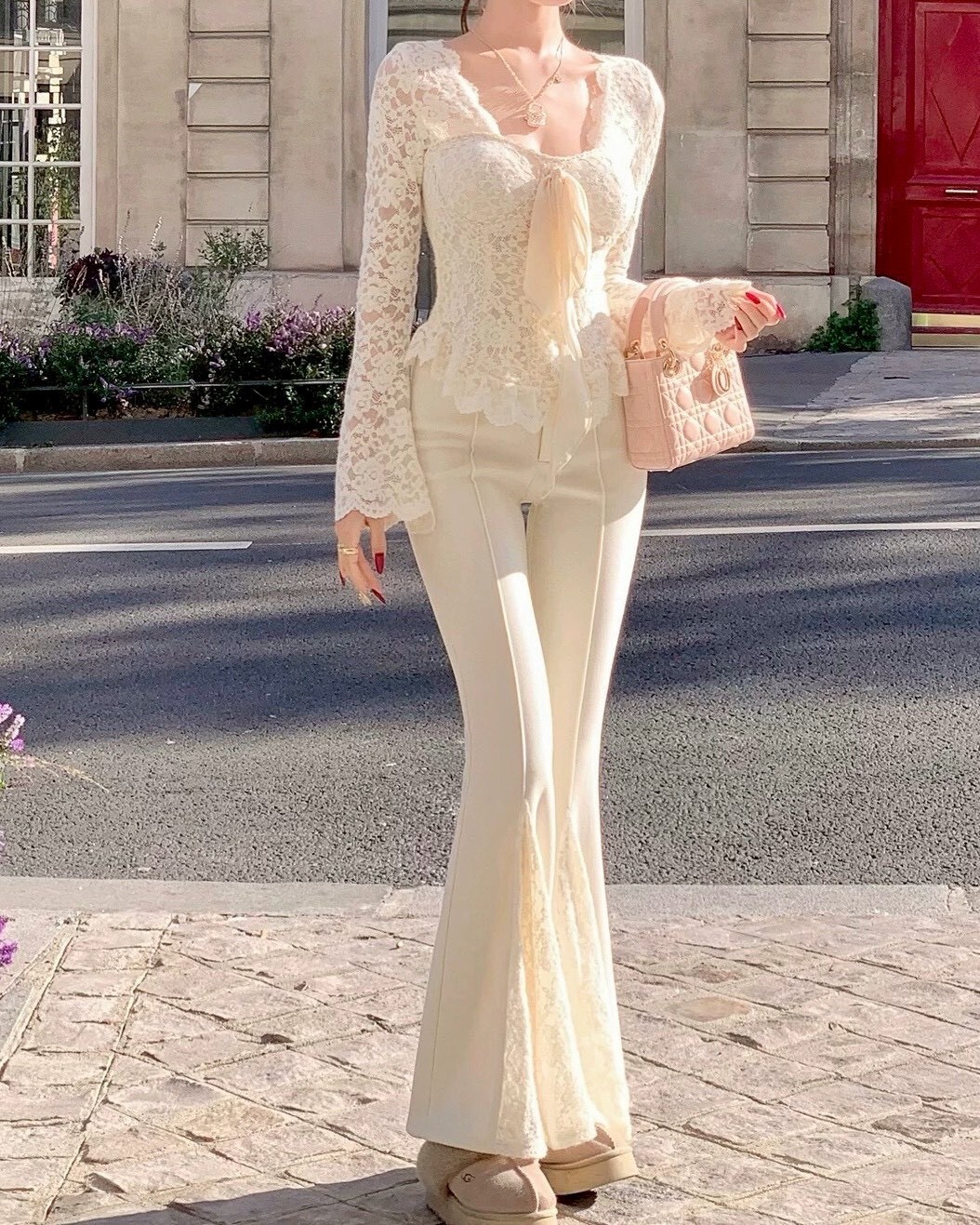 設計師家中線羊絨拼接蕾絲百搭喇叭褲