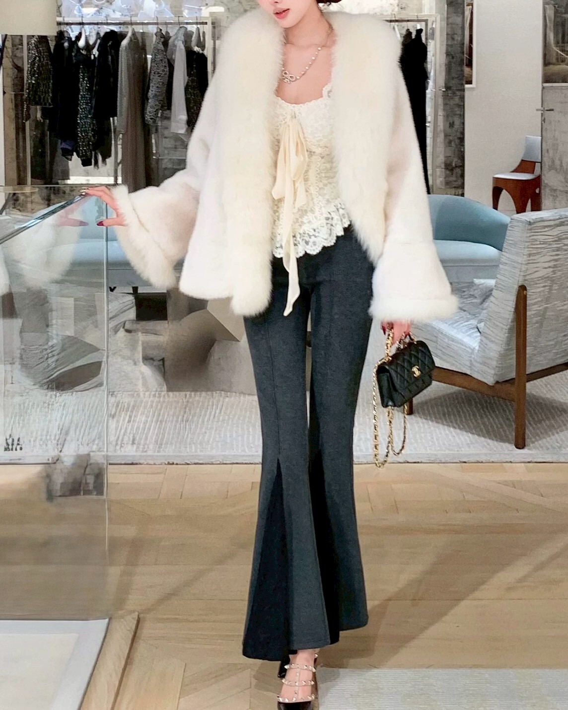 設計師家中線羊絨拼接蕾絲百搭喇叭褲