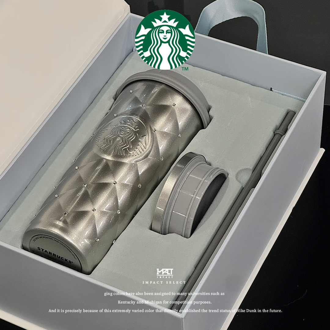 Starbucks 星巴克 雪耀奇境 海外限定 2025 聖誕節 小香風 格菱 雙蓋杯 水鑽雪花 吊飾 不鏽鋼 保溫杯