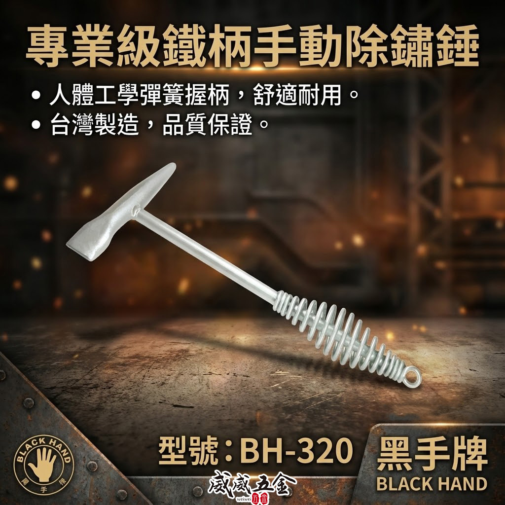 黑手牌｜專業用除銹鎚 鐵柄手動除鏽槌 大型彈簧握柄 除銹槌 舒適好握型 更耐用 去銹鎚｜BH-320｜台灣製