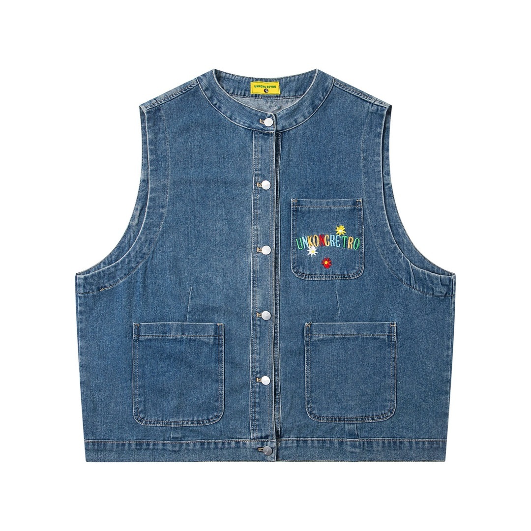 復古花朵刺繡丹寧背心