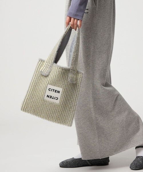 CITEN / Shaggy knit striped tote bag < S SIZE >