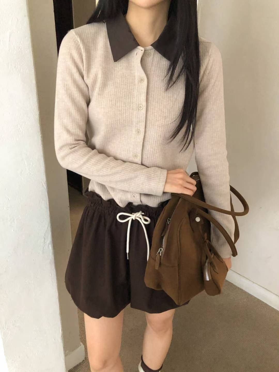 假兩件有領綁帶泡泡短洋裝