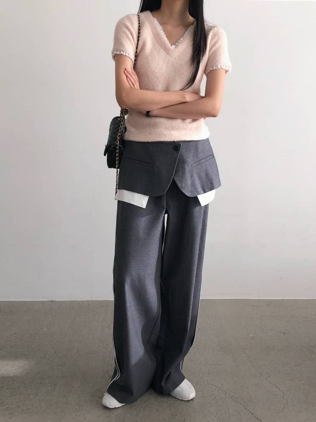 附圍裙休閒側邊條長褲