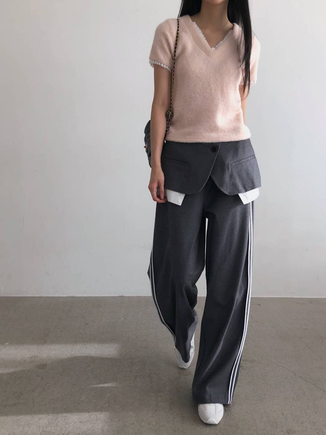 附圍裙休閒側邊條長褲