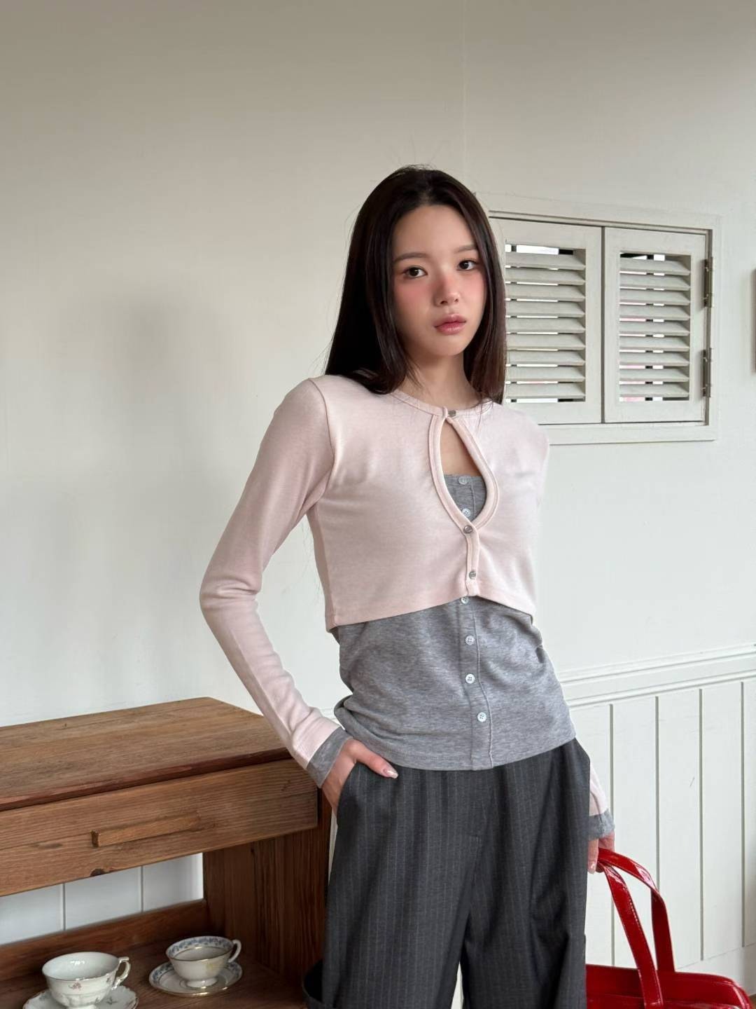 拚色胸挖洞假兩件T