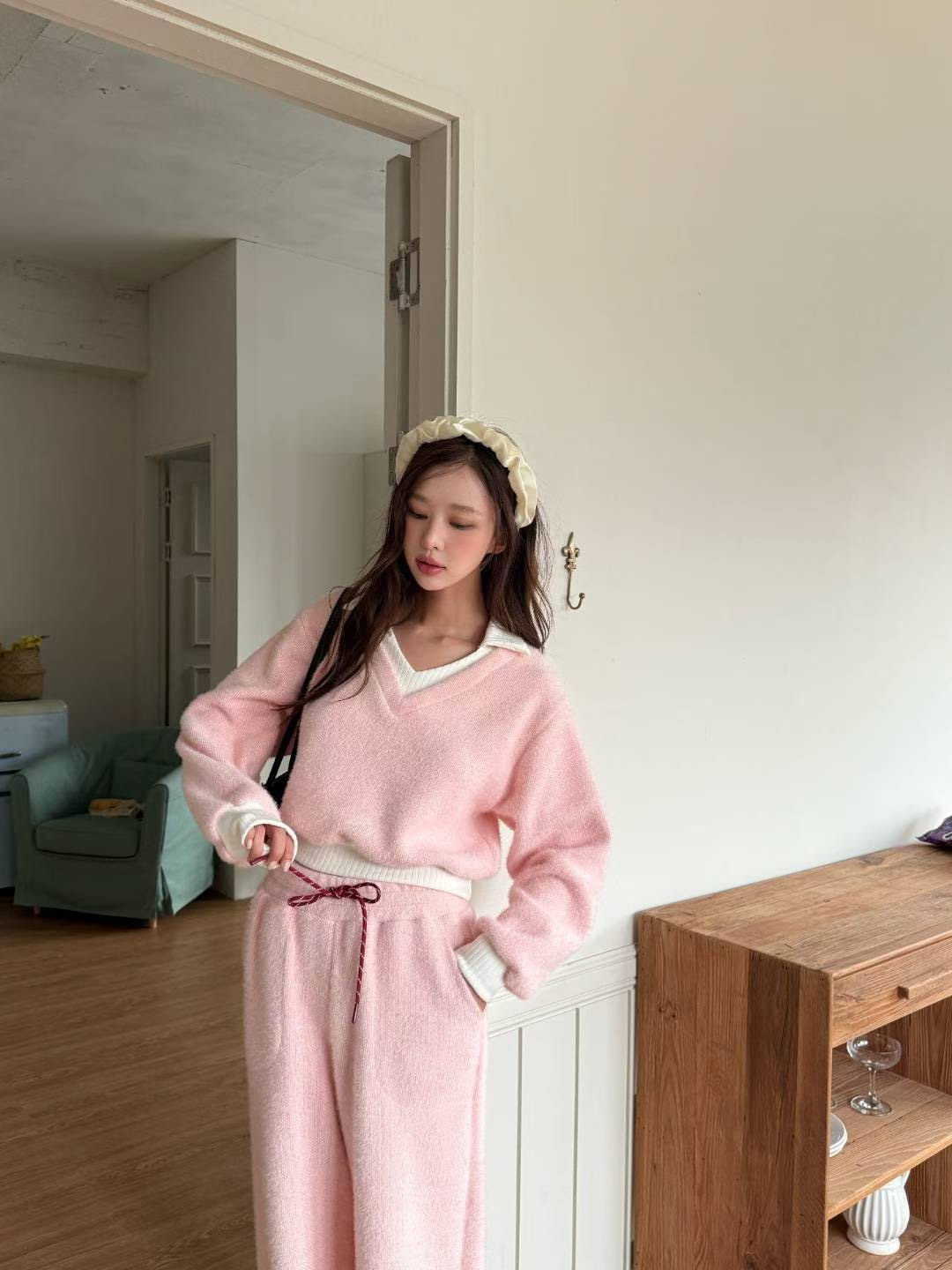 軟毛拚白袖上衣 長褲(分售)