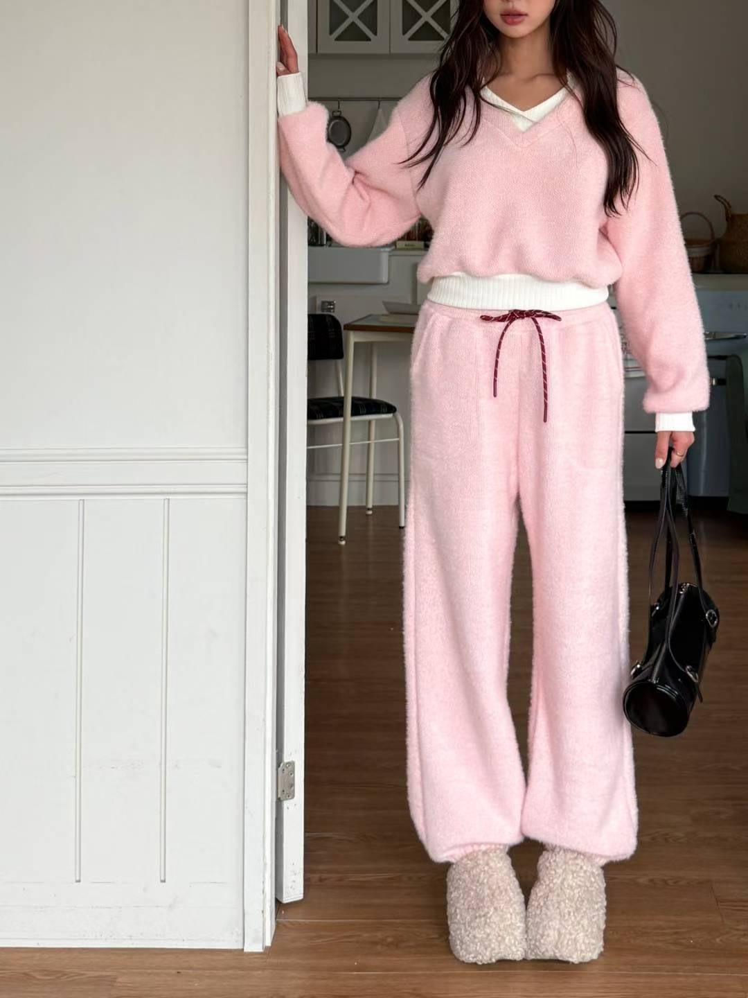 軟毛拚白袖上衣 長褲(分售)