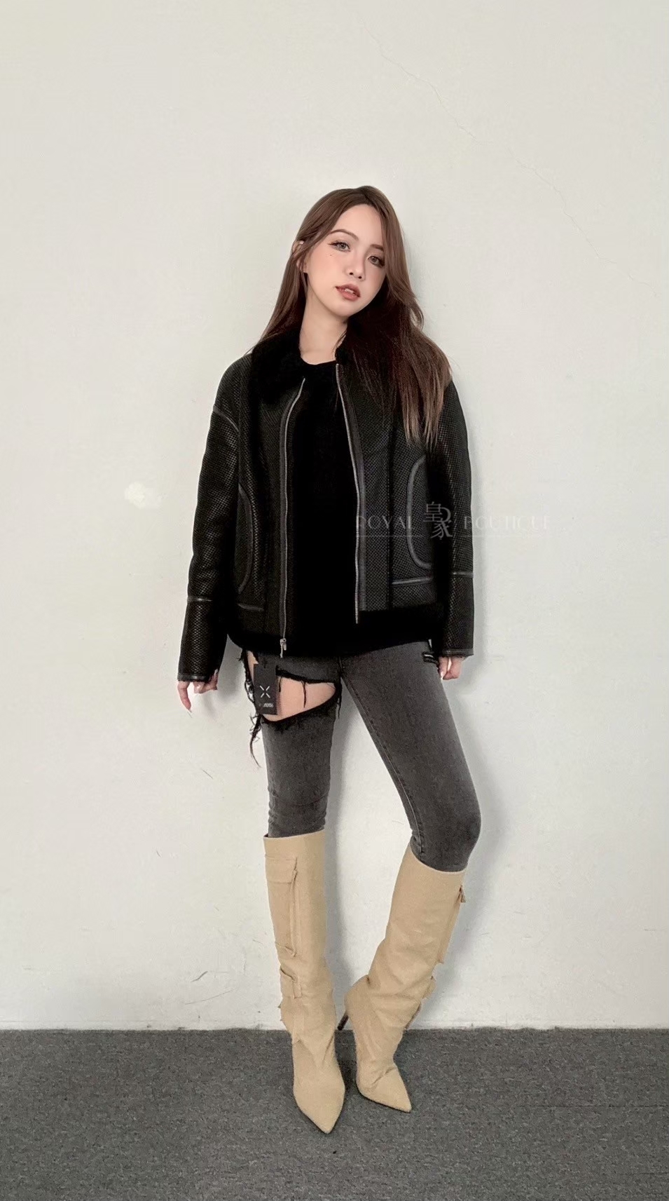 STONES 短版羊絨皮革毛領外套