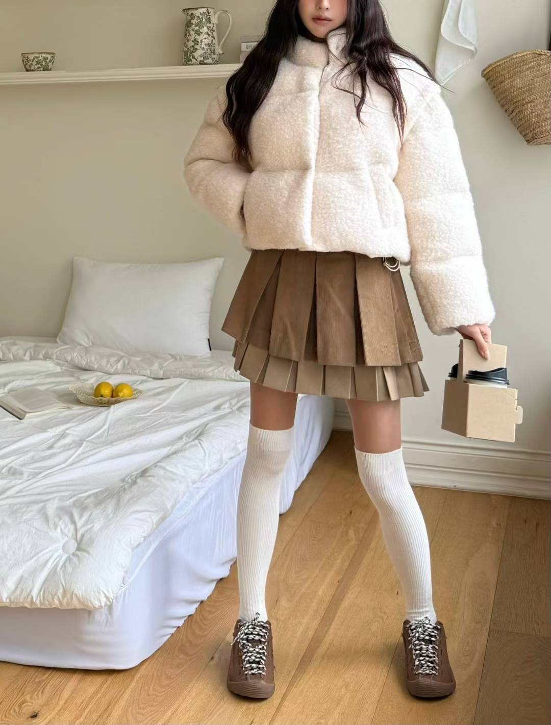 拚色雙層百褶短裙