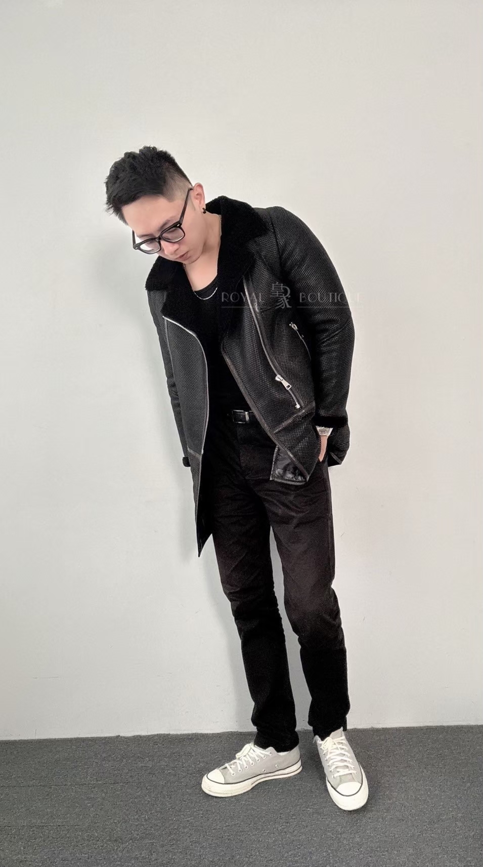 STONES 長版羊絨皮革毛領外套