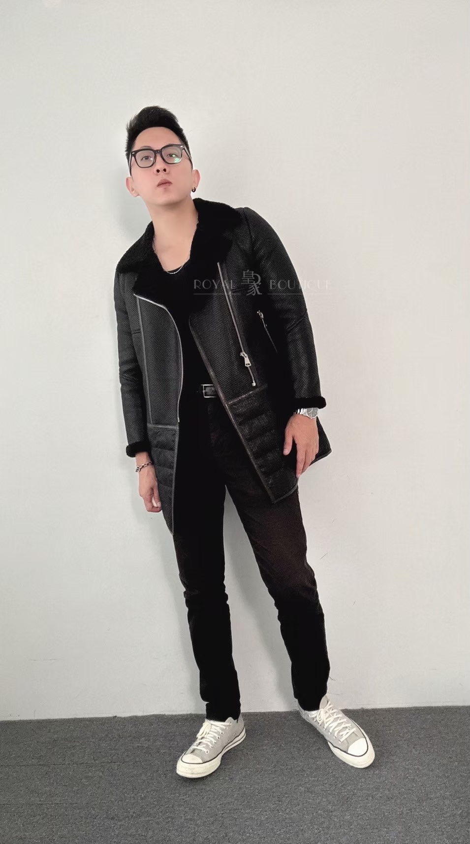 STONES 長版羊絨皮革毛領外套