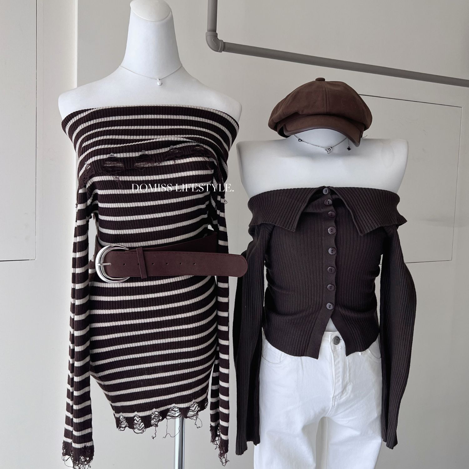 【咖啡條斜肩】DOMISS比例拉超好! 針織上衣 露肩毛衣 毛衣裙 毛衣洋裝 (現貨)