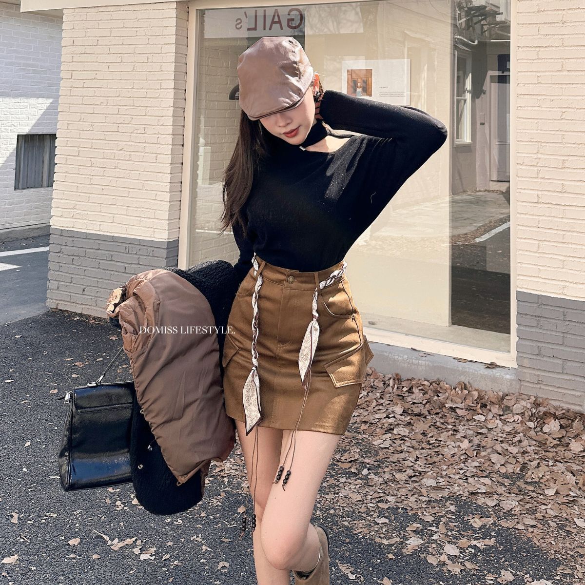 【爆款麂皮A字裙】DOMISS腰繫帶短裙 秋冬裙子 麂皮裙-2色(現貨)