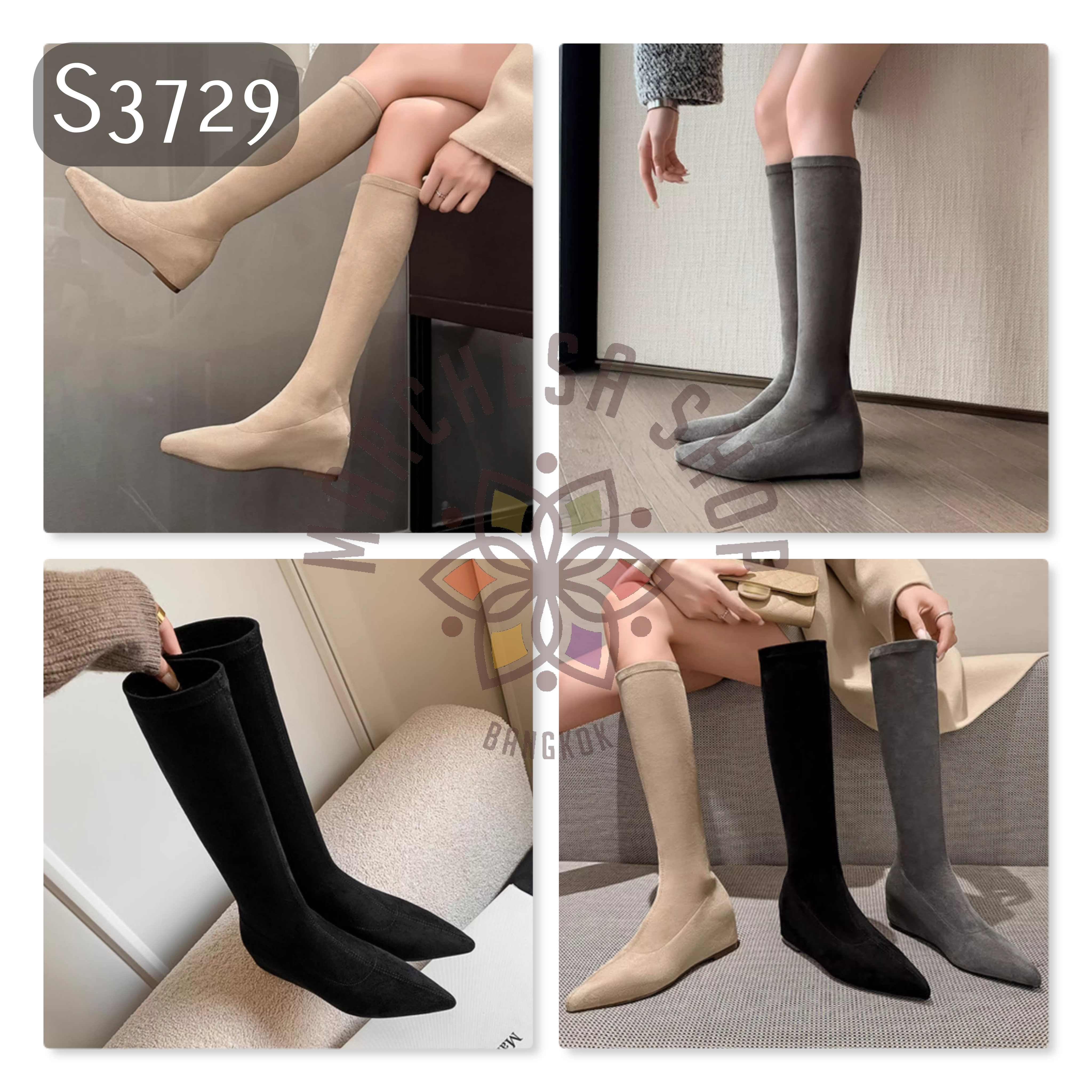 S3729 - 頭層羊猄皮簡約彈力貼腳尖頭長靴