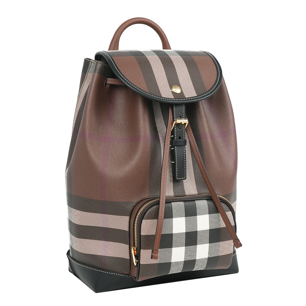 【Burberry】經典格紋翻蓋束口後背包(暗樺木棕色)