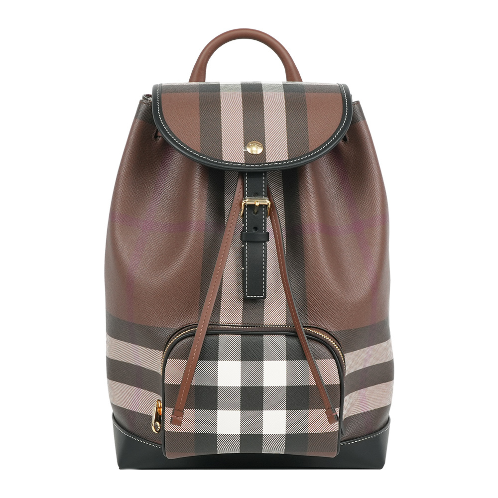 【Burberry】經典格紋翻蓋束口後背包(暗樺木棕色)