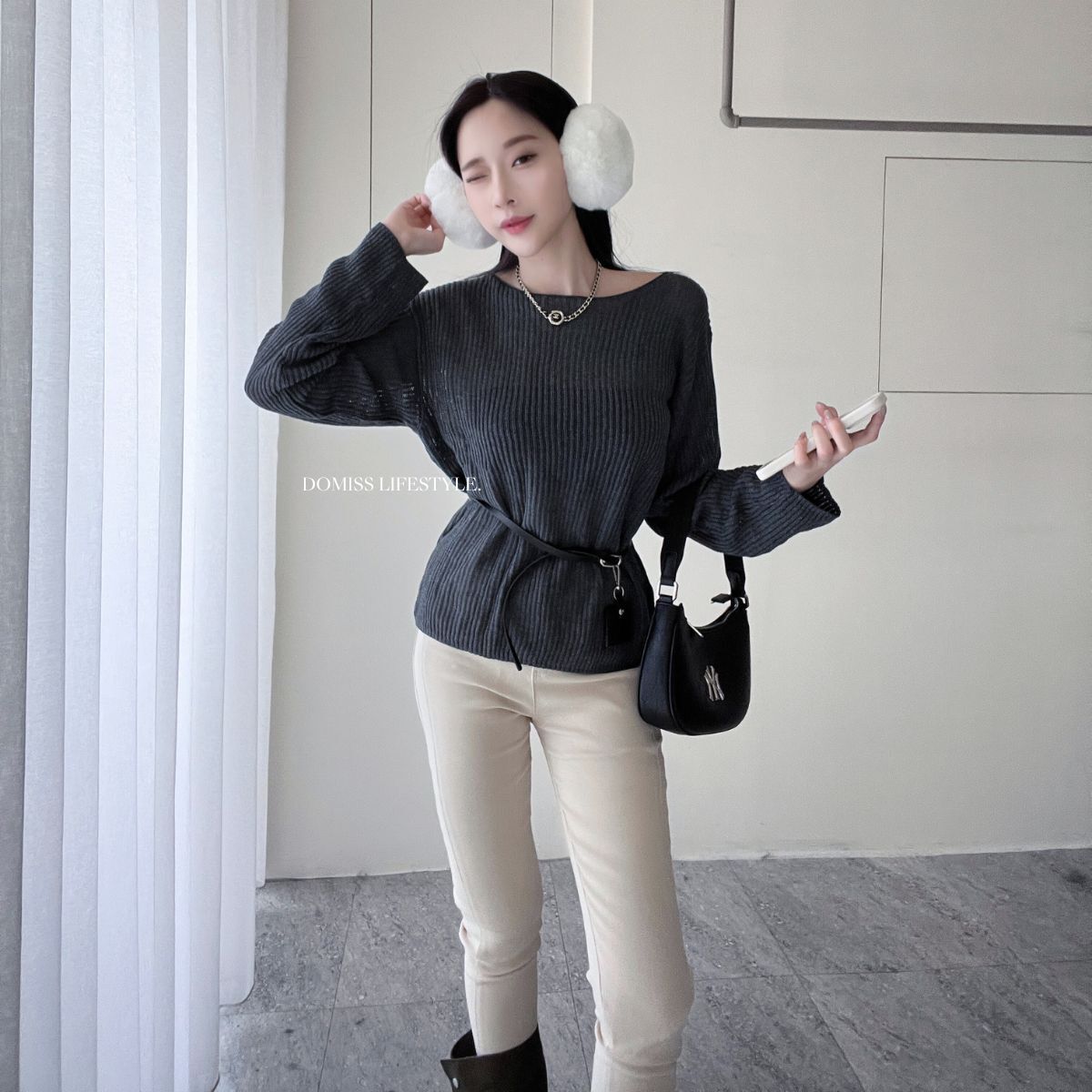 【輕歐冬日】DOMISS圓領針織毛衣-附繫帶 顯瘦針織毛衣-3色(現貨)