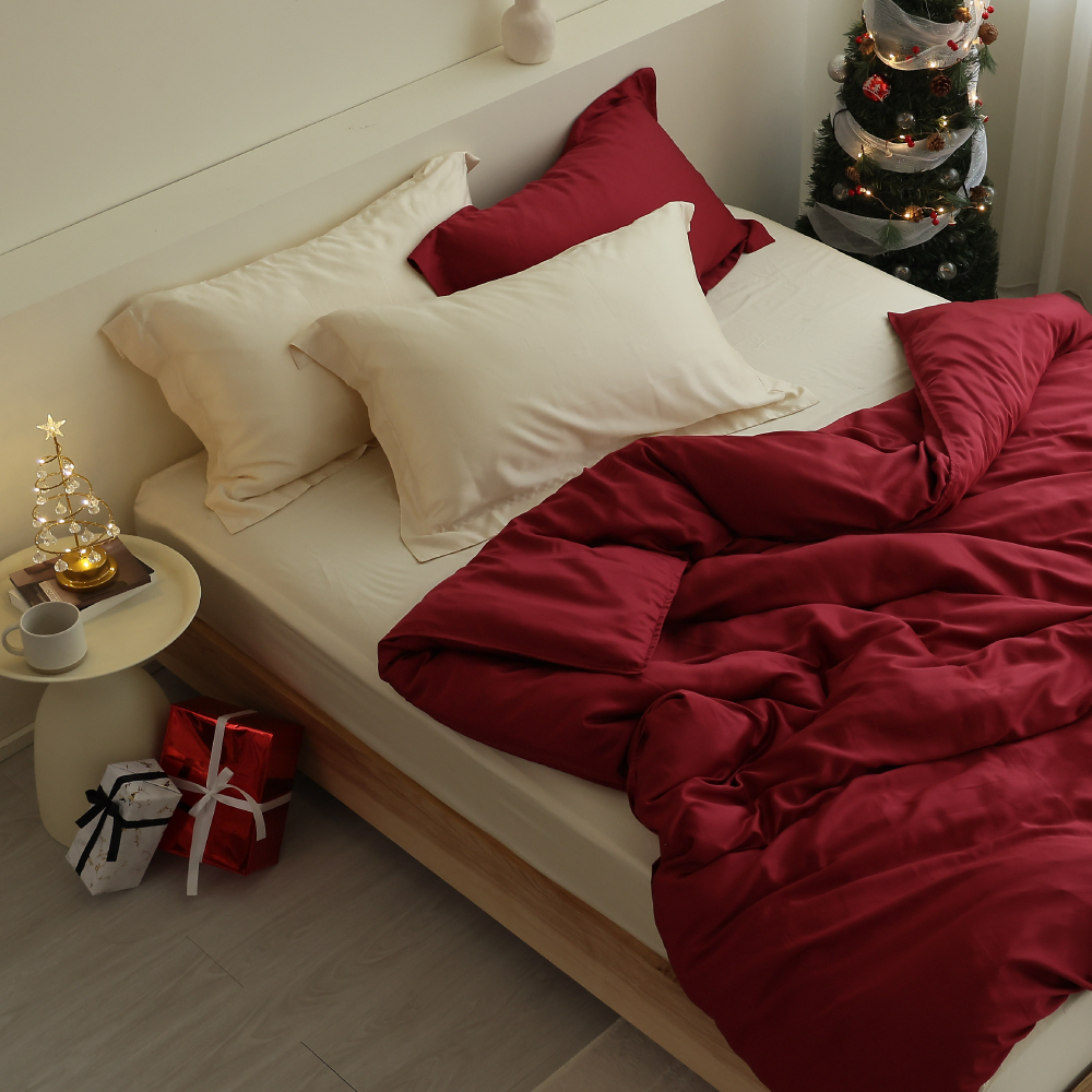 60支天絲｜100%萊賽爾｜雙色配｜聖誕紅ｘ奶霜白