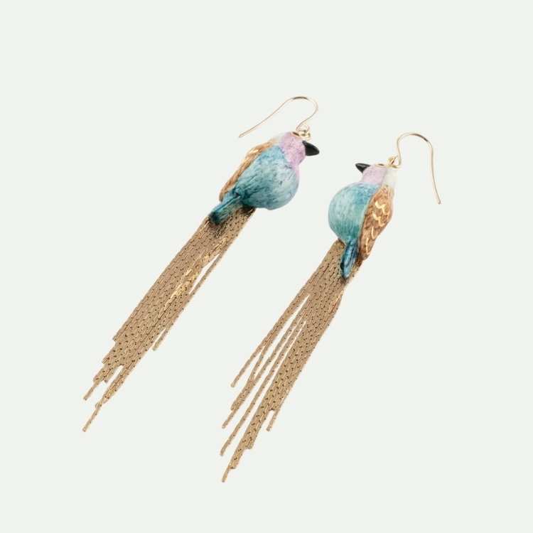 粉藍色鳥流蘇瓷耳環