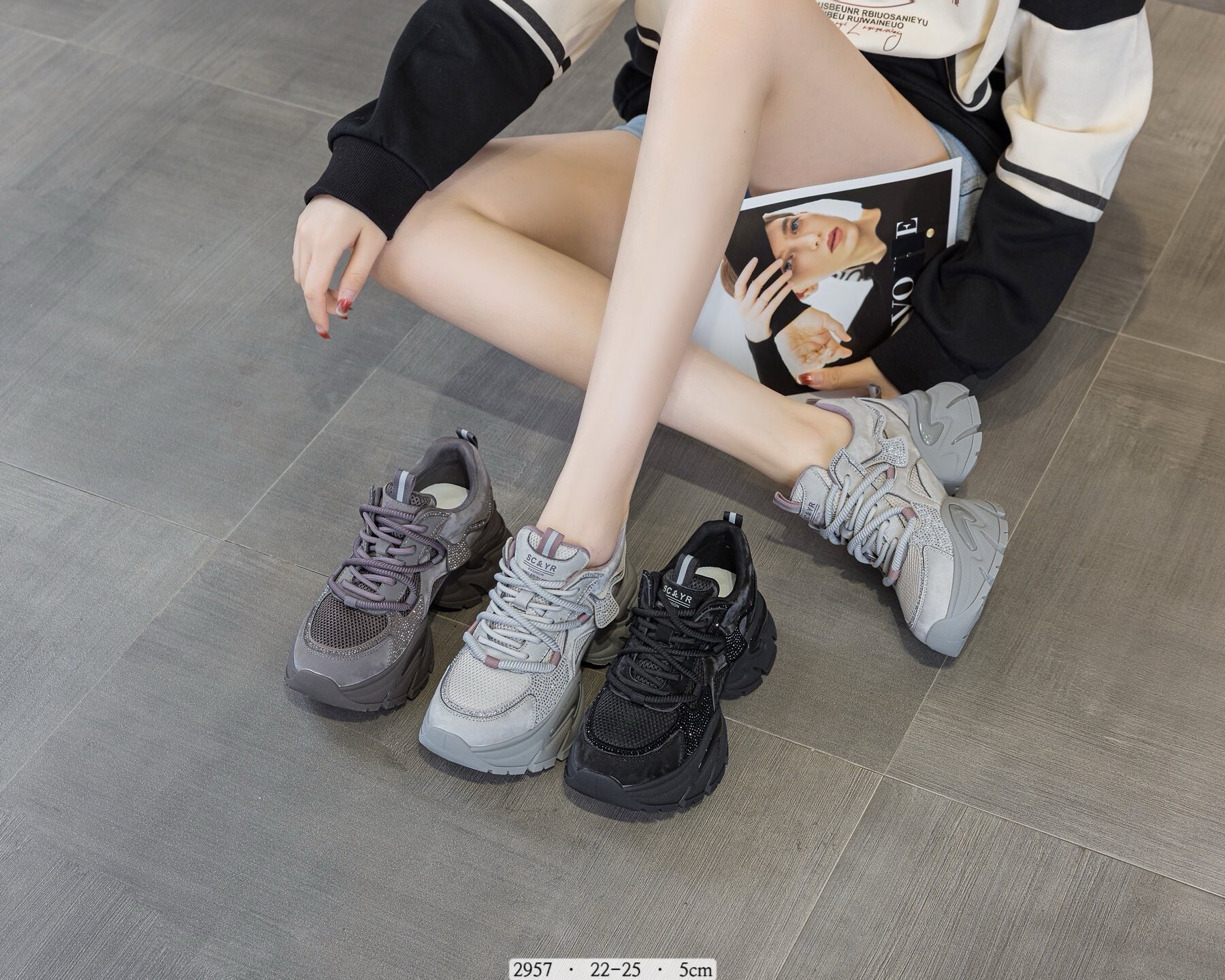 2957 韓國水鑽網面厚底老爹鞋