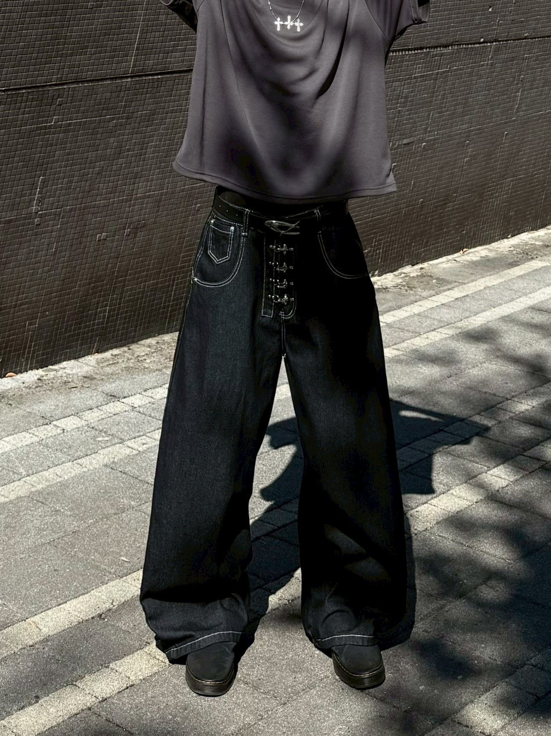 金屬 排釦 車線 直筒 牛仔 寬褲