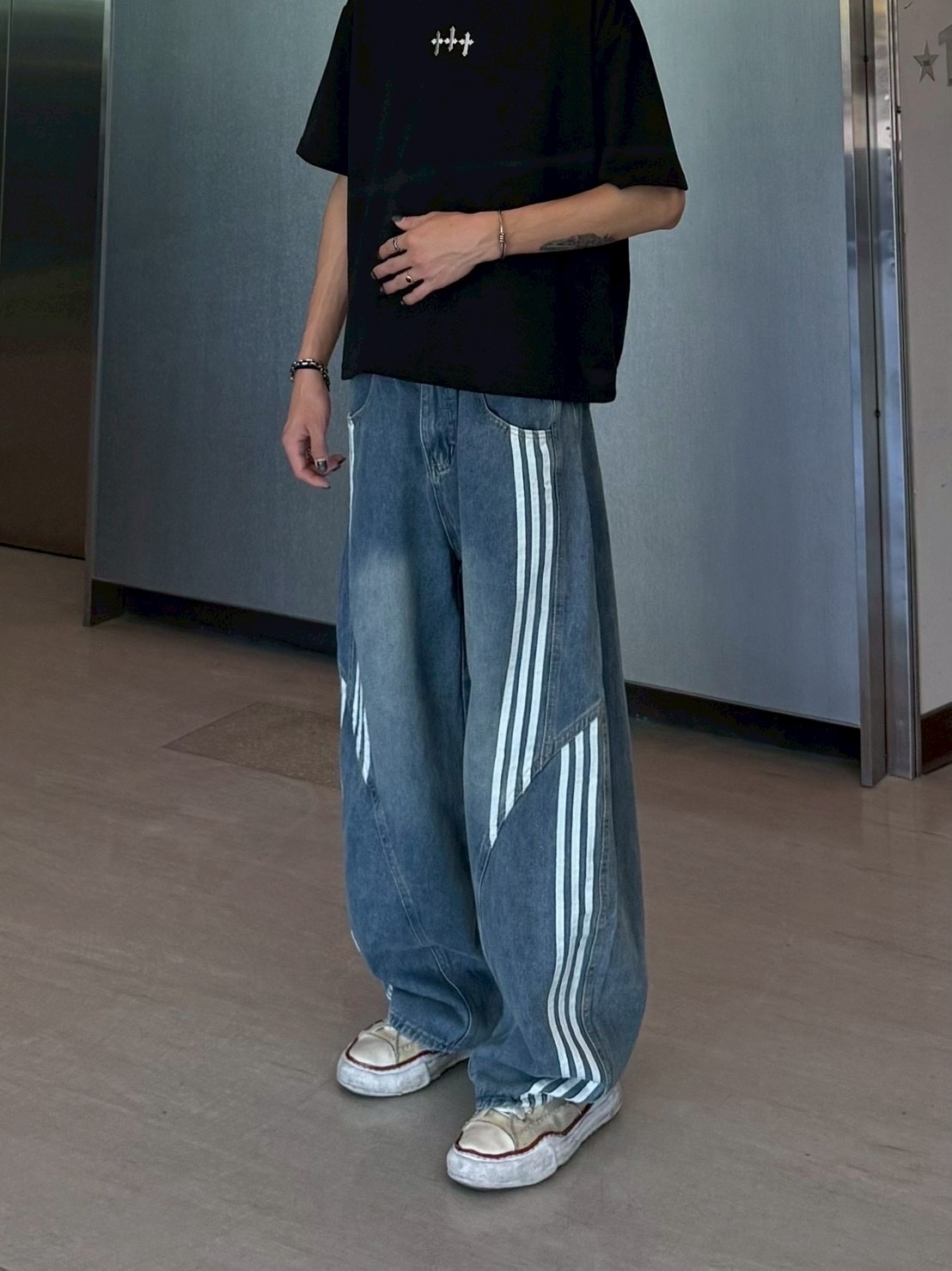 復古 拼接 線條 直筒 牛仔 長褲