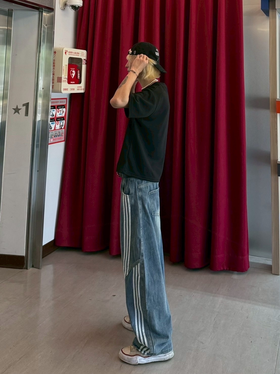 復古 拼接 線條 直筒 牛仔 長褲