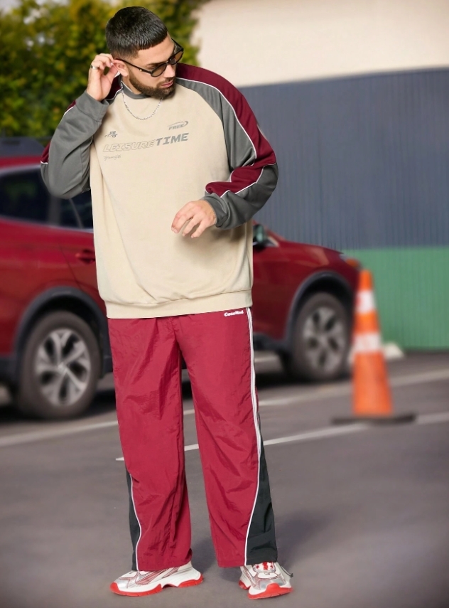 KADMAX大尺碼-秋冬拼接長袖字母大學TEE〈KSMS2652〉