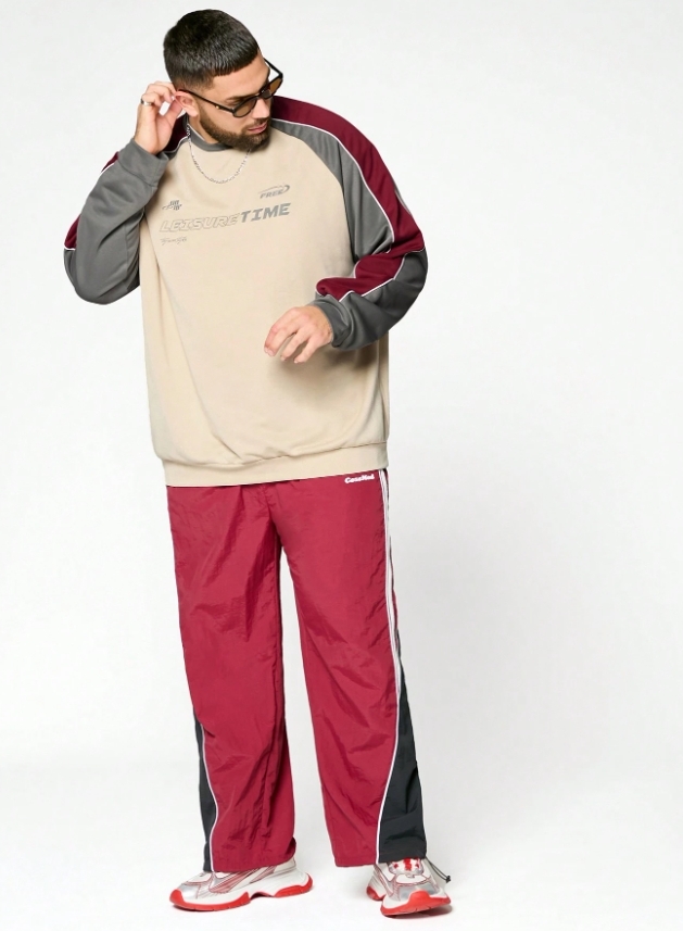 KADMAX大尺碼-秋冬拼接長袖字母大學TEE〈KSMS2652〉