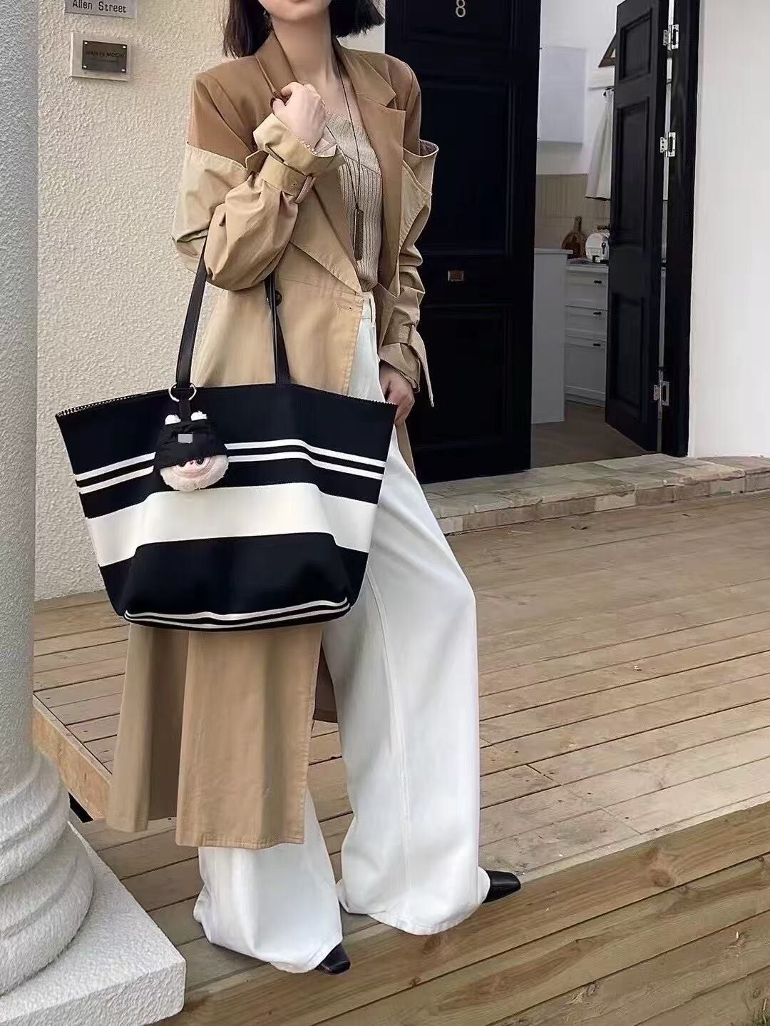 8788【日系黑白條紋帆布托特包】