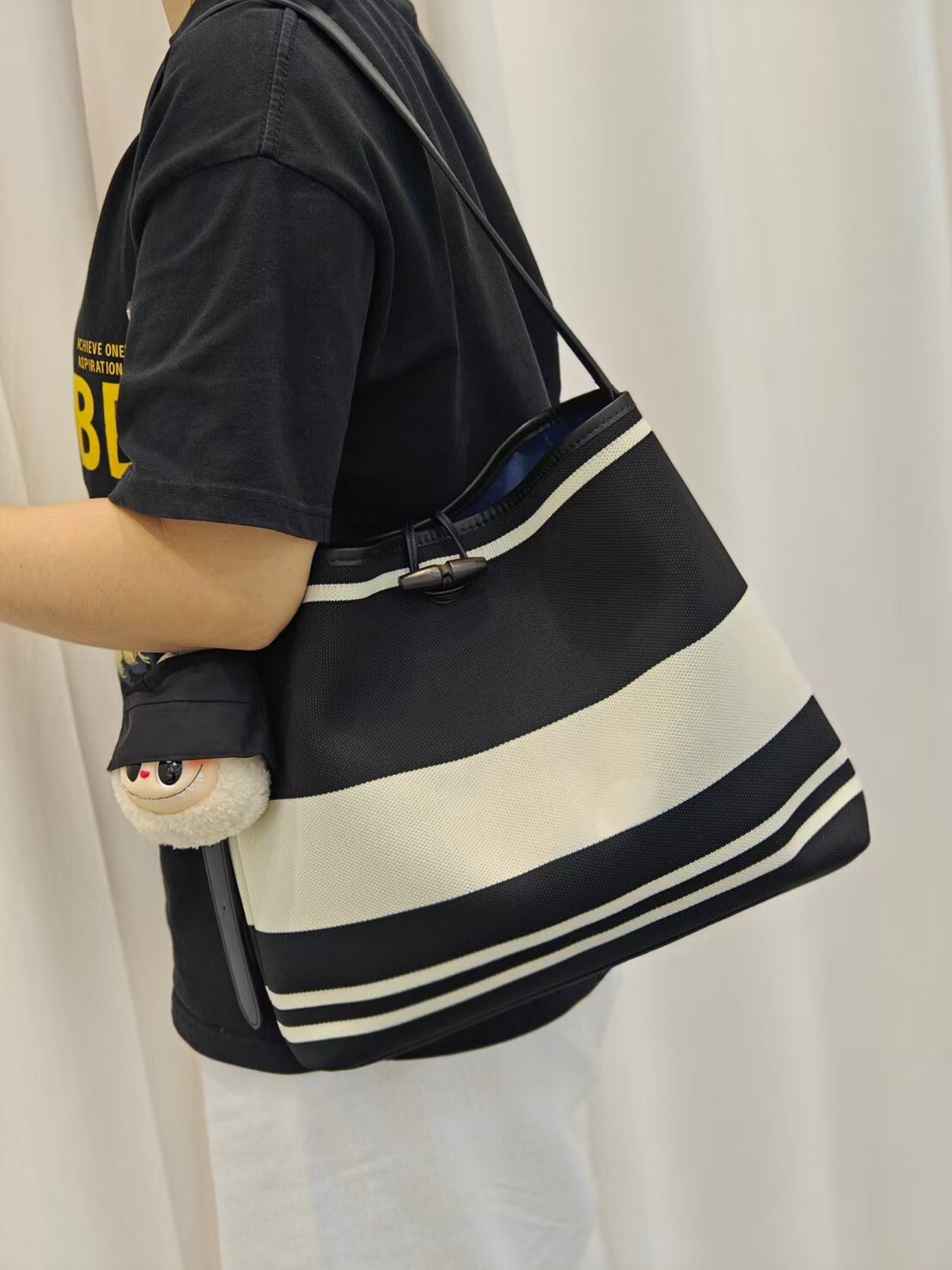 8793【日系黑白條紋帆布托特包】