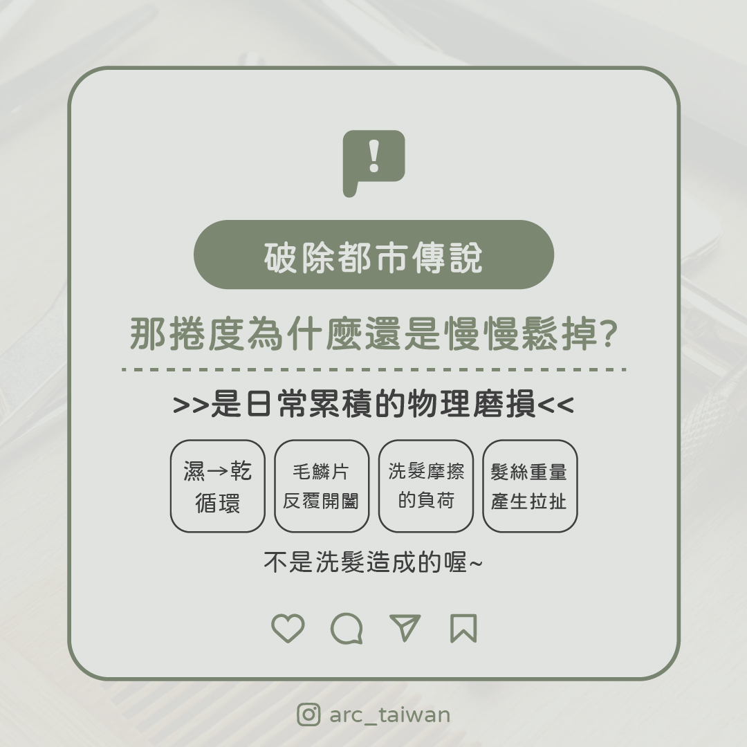 捲度會慢慢鬆，是因為： • 每天的「濕→乾」循環 • 毛鱗片反覆開闔 • 毛髮成分逐漸流失 • 洗髮摩擦的負荷 • 髮絲重量產生拉扯 這些都是日常會累積的物理磨損，不是洗髮造成的！