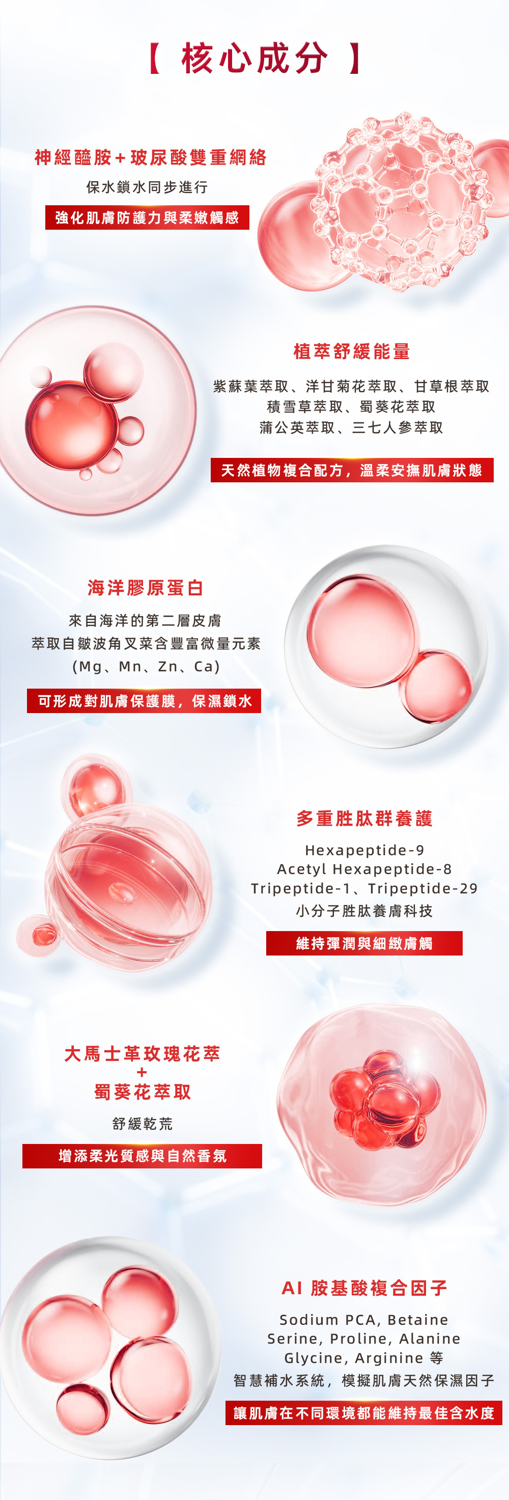 PDRN AI 水乳液核心成分:神經醯胺、多重胜肽組合、海洋膠原蛋白、 胺基酸複合因子