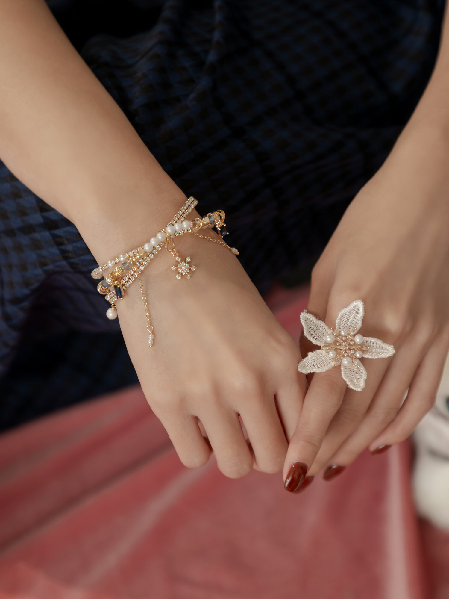 數到三花開。MUCHAT手作14KGP珍珠雪花片戒指