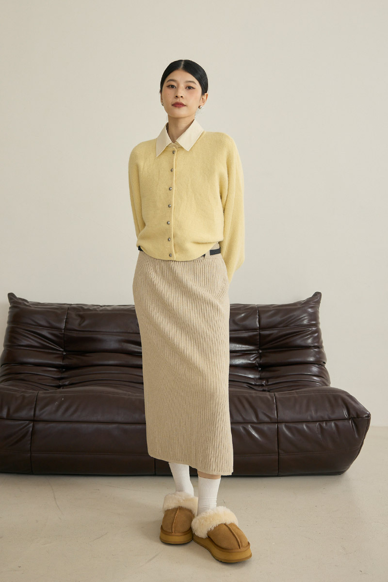 坑條側開衩針織裙(附腰帶)