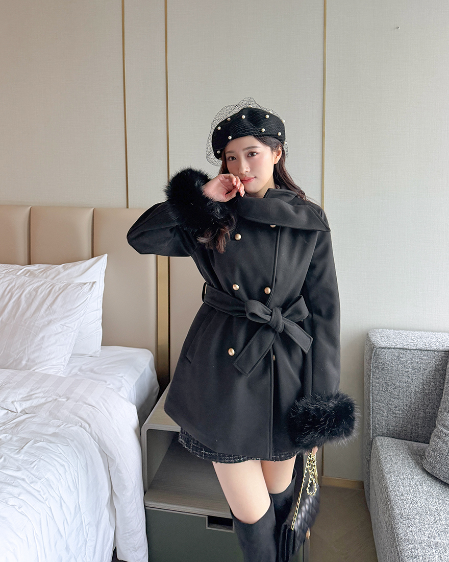 LINA LINA富美名媛絨毛滾邊外套附綁帶-高貴黑