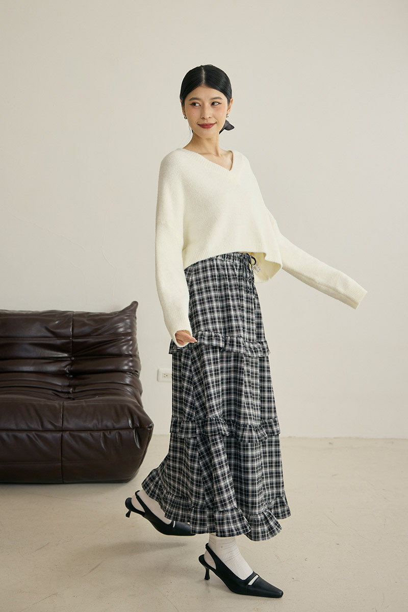 格紋腰綁帶蛋糕裙