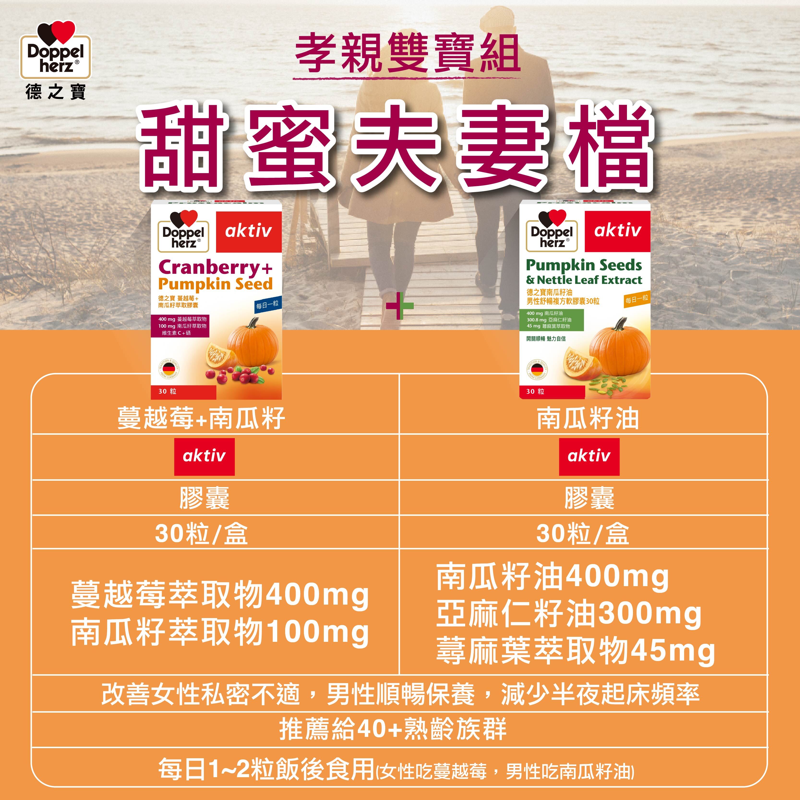 【孝親雙寶組】蔓越莓南瓜籽萃取膠囊+南瓜籽油男性舒暢複方軟膠囊｜德之寶台灣官方直營店(德國雙心)