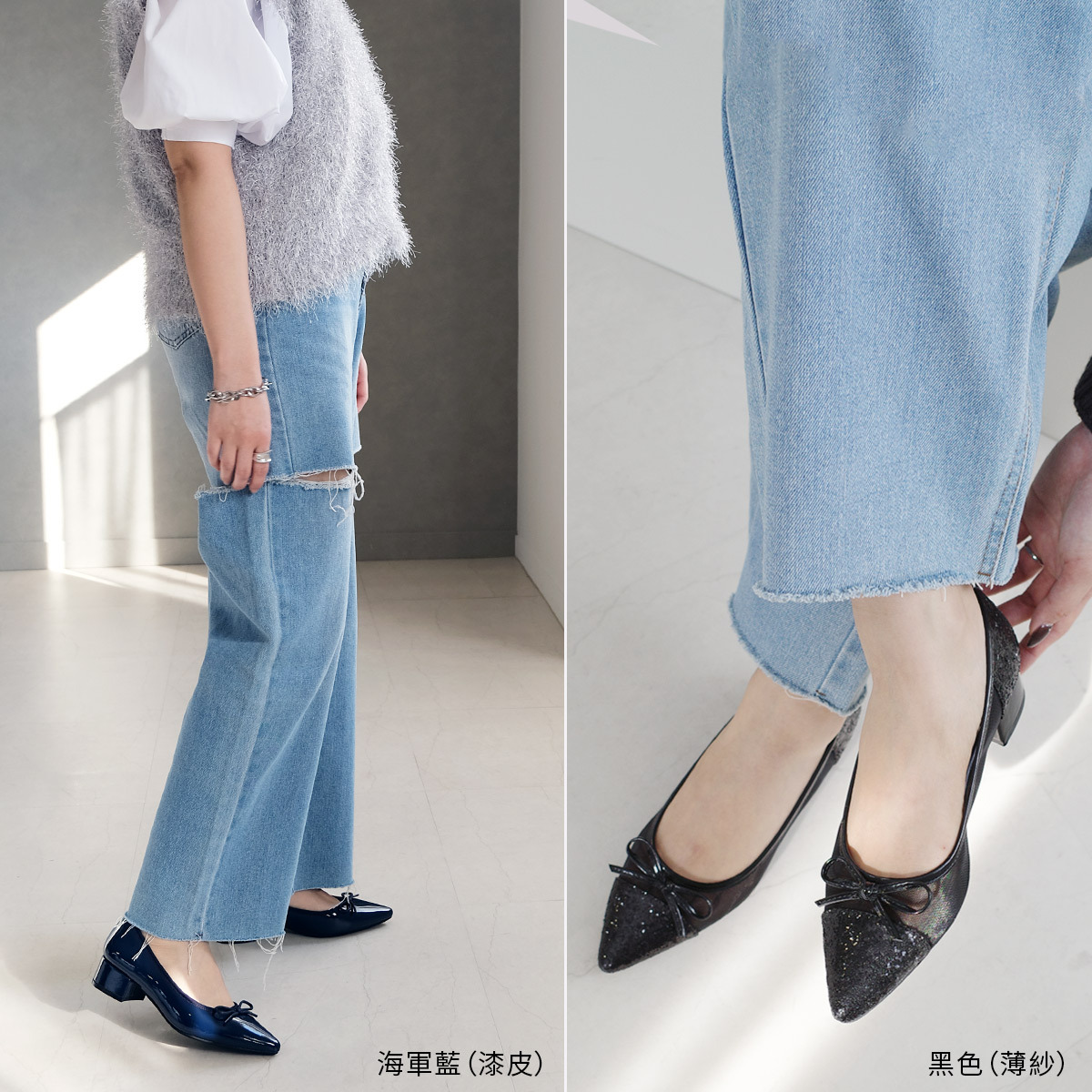 甜美清新 尖頭蝴蝶結粗跟鞋【CX2222】