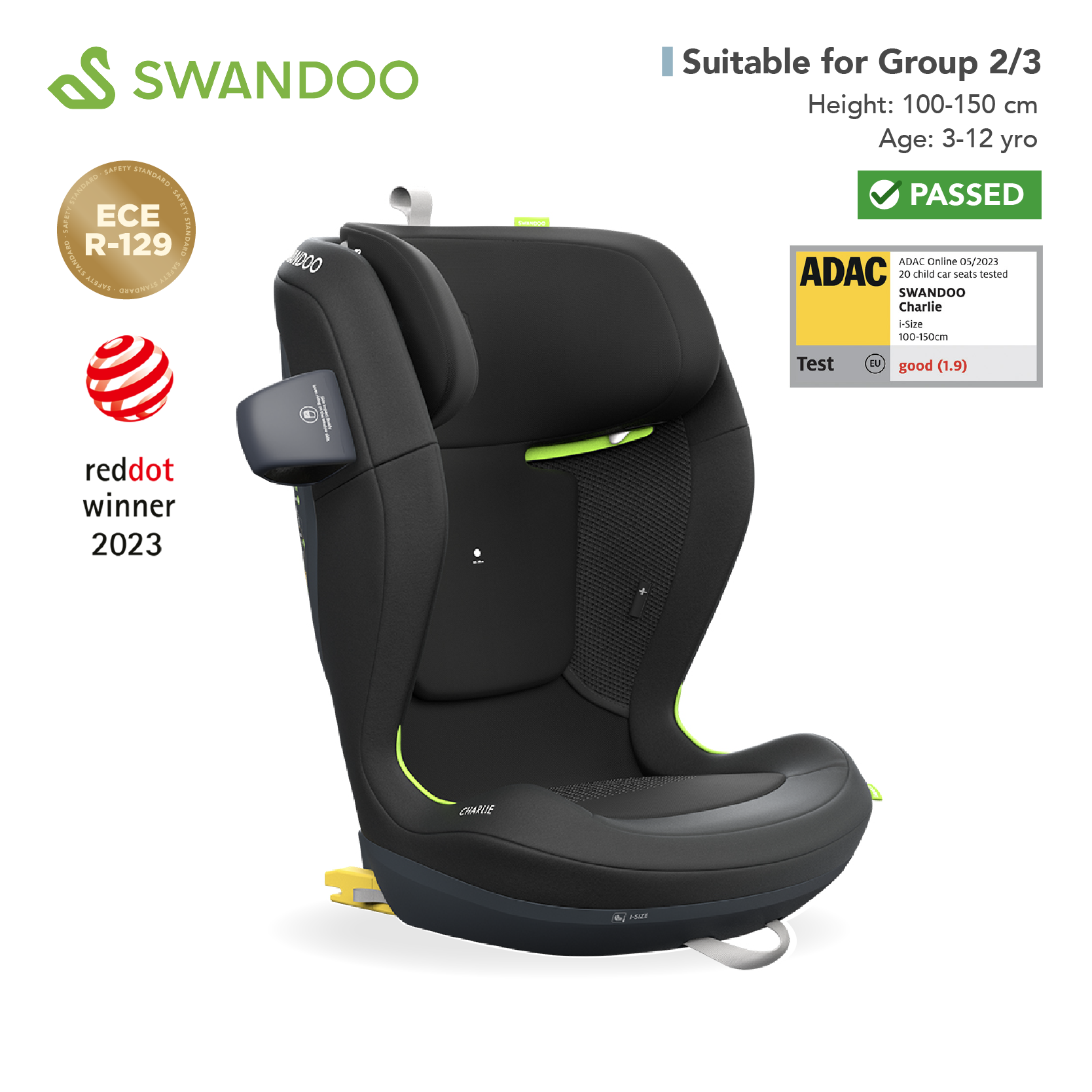 Swandoo - Charlie i-Size 增高型兒童安全座椅 (R129 & CCC 安全標準)(適合約3-12歲/身高100-150cm)