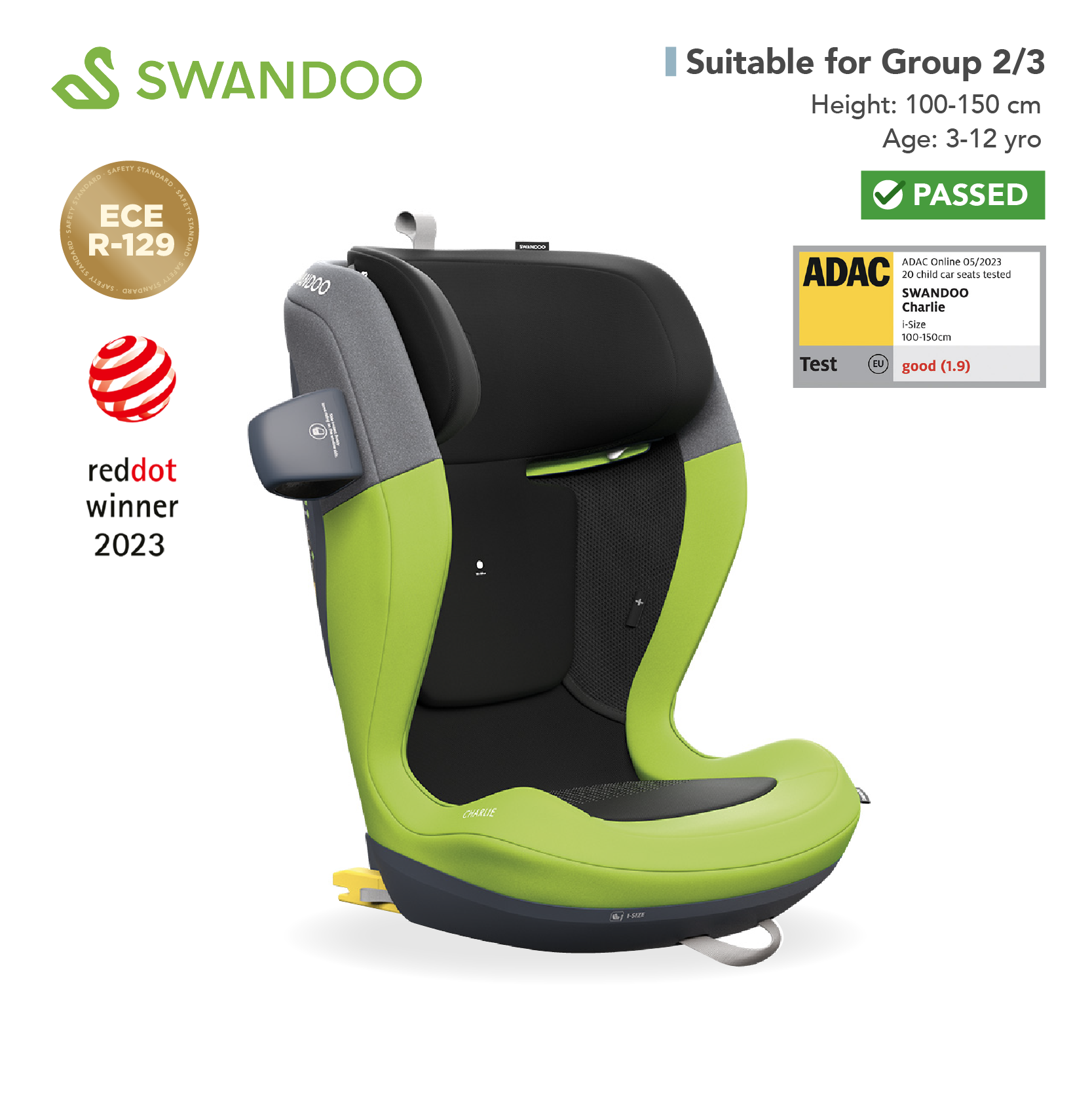 Swandoo - Charlie i-Size 增高型兒童安全座椅 (R129 & CCC 安全標準)(適合約3-12歲/身高100-150cm)