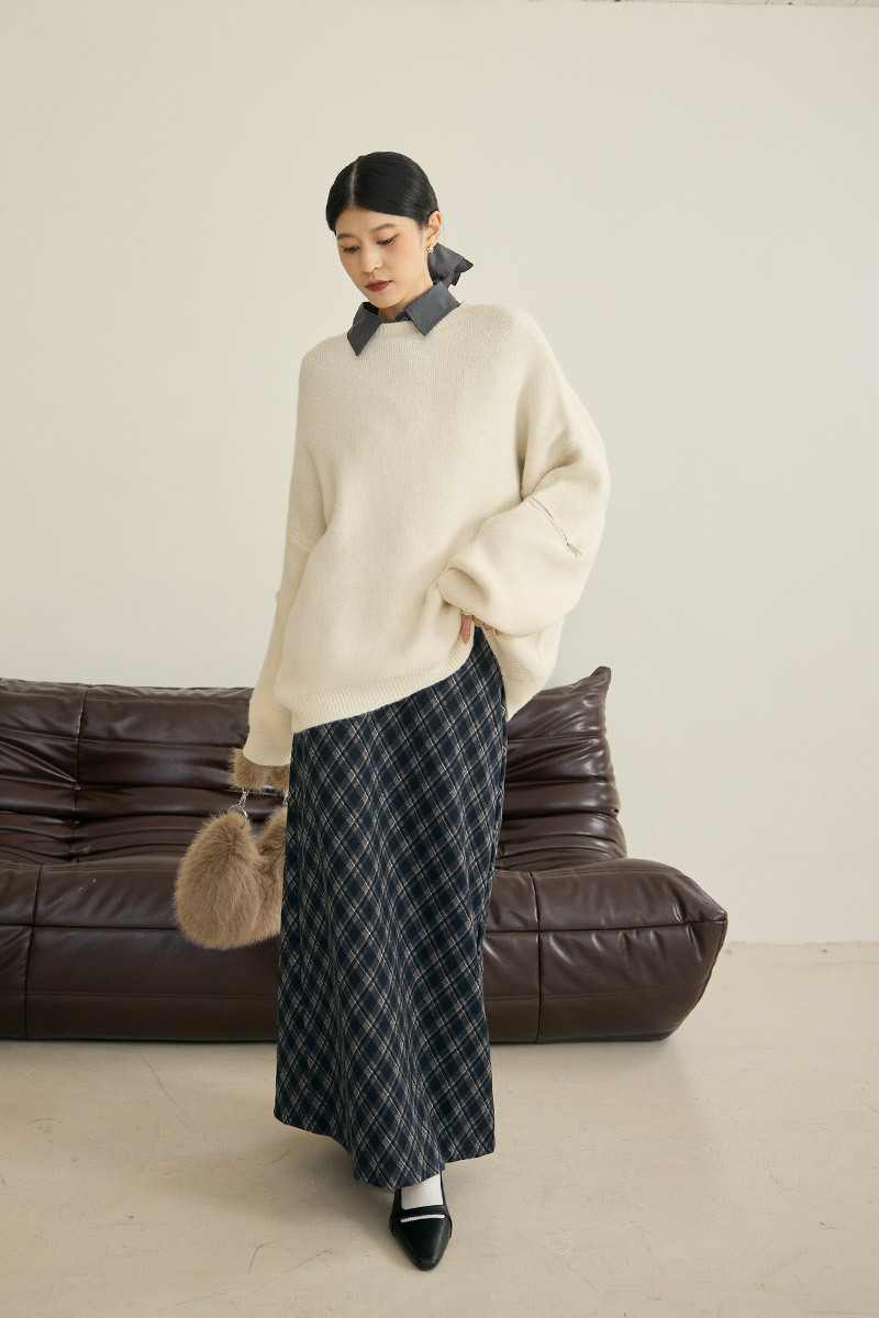 後開衩菱格紋毛呢長裙