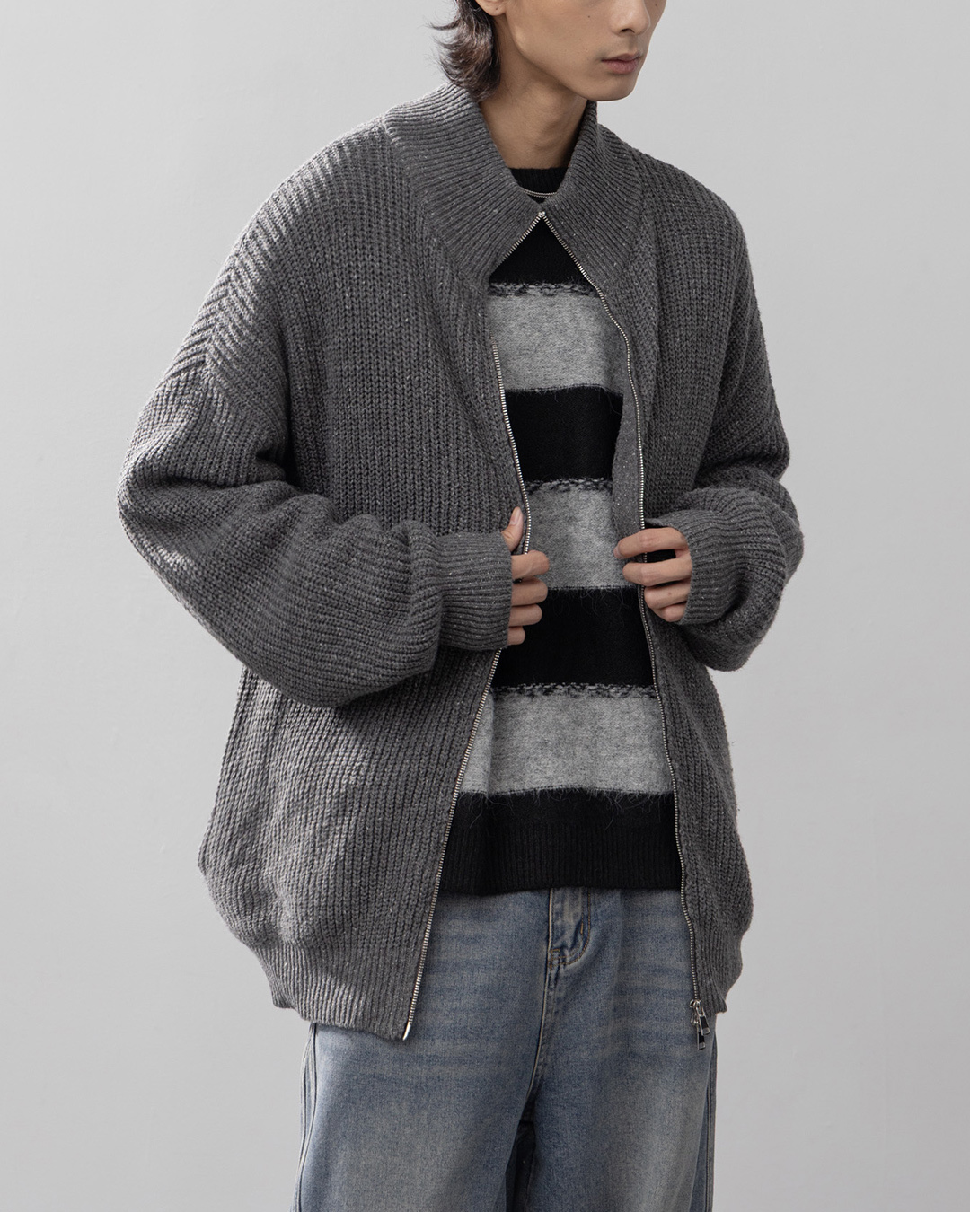 Men's casual knit outerwear with two-way zipper and textured design - grey M/L【02011197】in stock+pre-order