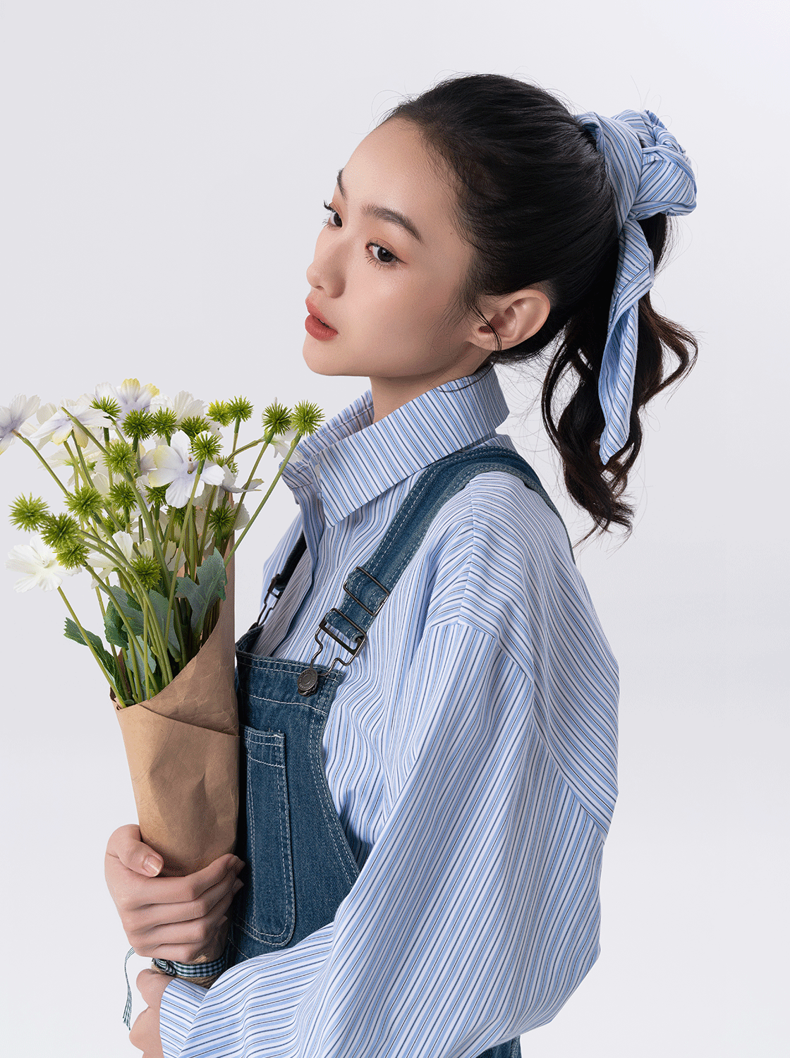 附方巾條紋長袖襯衫