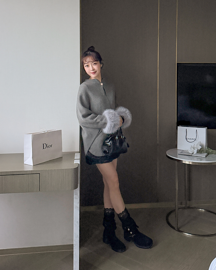 LINA LINA財閥千金蓬柔毛領斗篷外套附腰帶-質感灰
