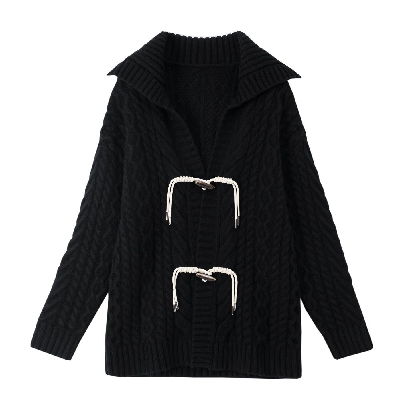 QM9097-大翻領絞花羊毛保暖開衫-元黑 (C58)