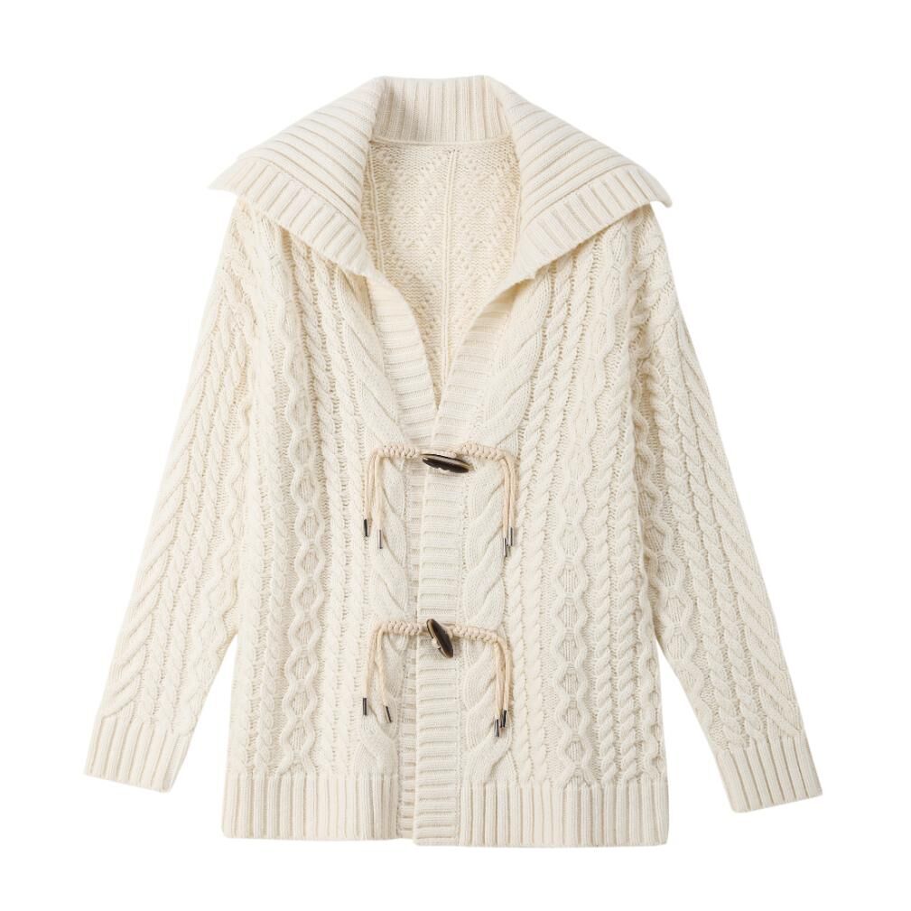 QM9097-大翻領絞花羊毛保暖開衫-亮米白 (C59)